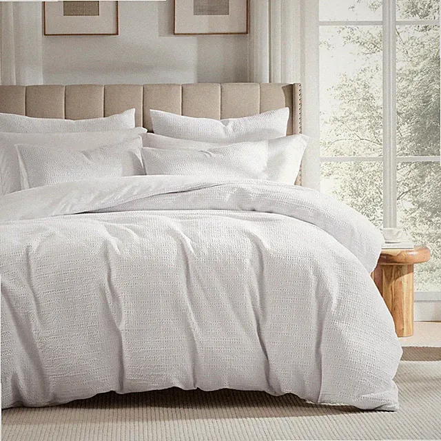 100% Cotton Luxury Honeycomb Duvet Cover Set Queen Size with Zipper, White Wa...