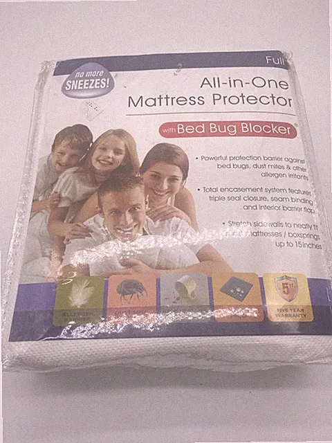 All-In-One Mattress Protector White Full w/ Bed Bug Block Allergens Free 54 X 75