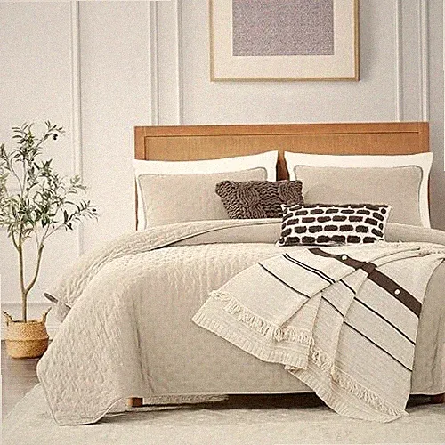 Beige Oversized California Cal King Size Quilt Bedding Set with 2 Pillow