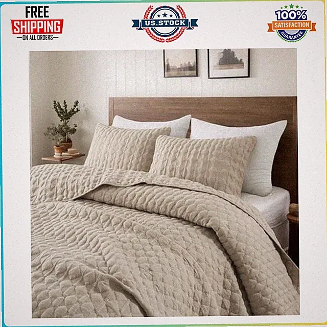 Oversized California Cal King Size Quilt Bedding Sets with Pillow Shams, Beige T