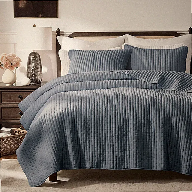 WDCOZY Blue Cross Stitch King Size Quilt Set, Striped Lightweight Soft Bedspread