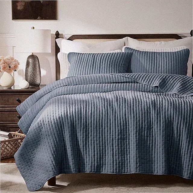 Wdcozy Blue Cross Stitch Queen Size Quilt Set Striped Lightweight Soft