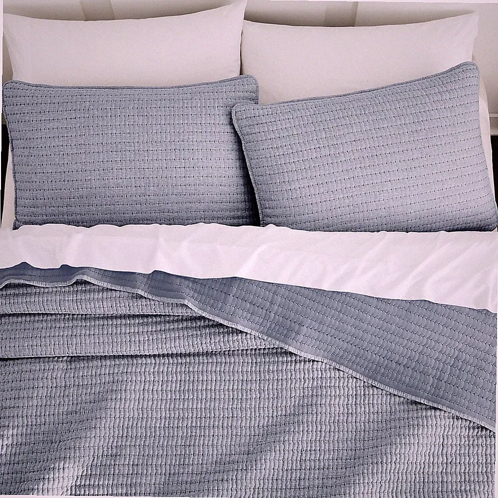 WDCOZY Chambray Pick Stitch King Size Quilt Set, Denim Blue Striped Lightweig...
