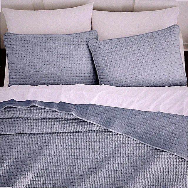 WDCOZY Chambray Pick Stitch King Size Quilt Set, Denim Blue Striped Lightweight