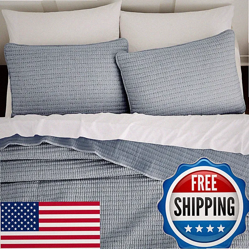 Wdcozy Chambray Pick Stitch Twin Size Quilt Set Denim Blue Striped Lightweight