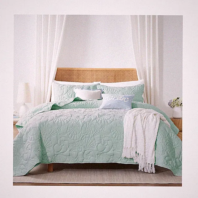 WDCOZY Coastal Beach Twin Size Quilt Bedding Sets, Seafoam Green Nautical Tro...