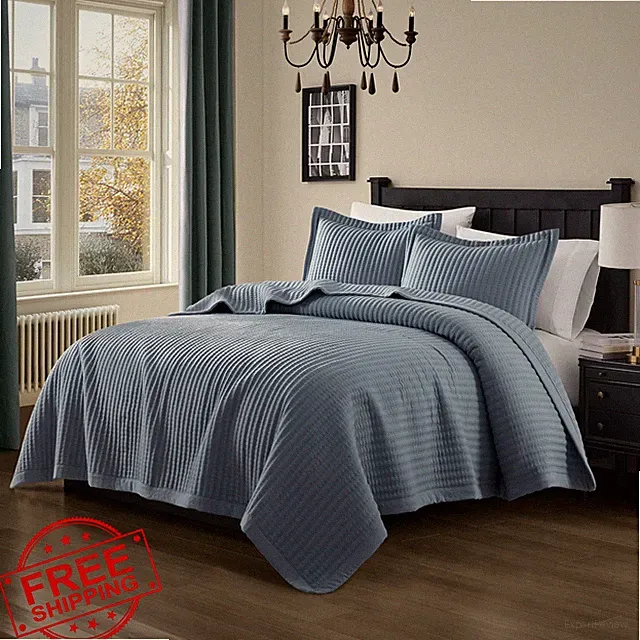 WDCOZY Dusty Blue Twin Quilt Set, Striped Pick Stitch Coverlet
