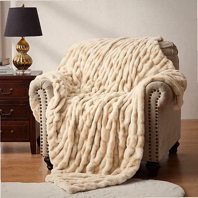 WDCOZY Ruched Faux Fur Throw Blanket Soft Cozy (50" x 60"), Caramel