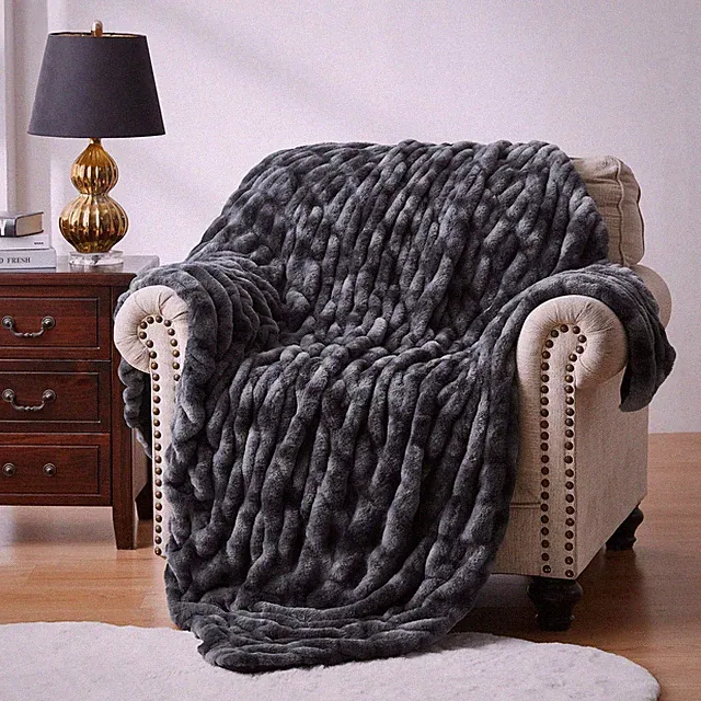 WDCOZY Ruched Faux Fur Throw Blanket Soft Cozy (50" x 60"), Dark Grey
