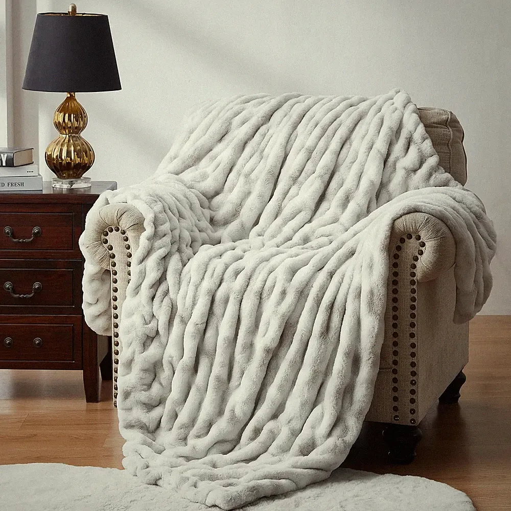 WDCOZY Ruched Faux Fur Throw Blanket Soft Cozy Fluffy Luxurious Blankets Couch B
