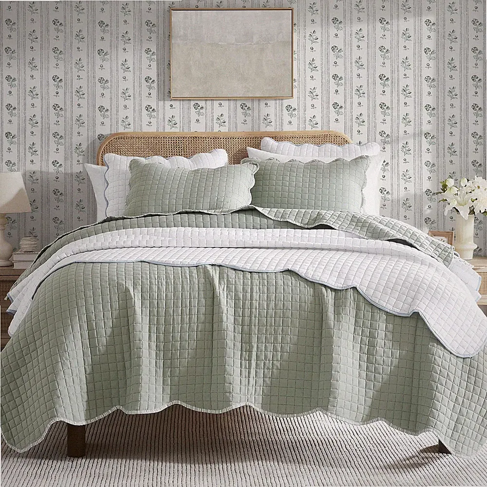 WDCOZY Sage Green Twin Quilt Set Scalloped Farmhouse Bedding Coverlet