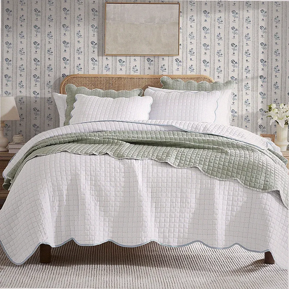 WDCOZY Twin Quilt Bedding Set, Blue Scalloped Farmhouse Rustic Lightweight