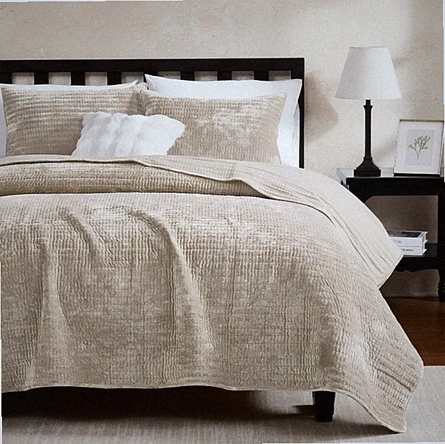 WDCOZY Velvet California Oversized Cal King Size Quilt Set Beige Striped Pic...