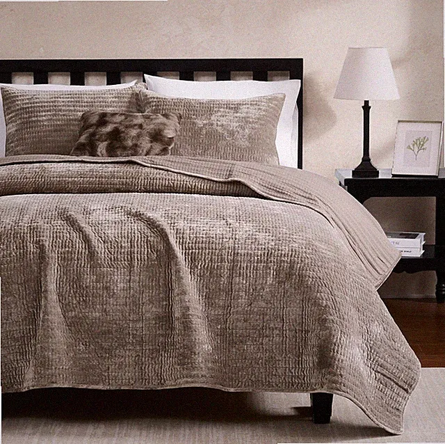 WDCOZY Velvet Twin Size Quilt Set - Brown Taupe Tan Camel Striped Pick Stitch So