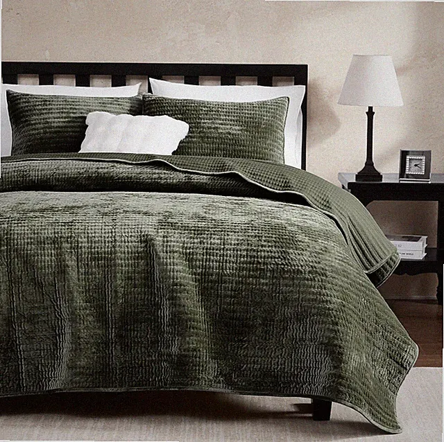 WDCOZY Velvet Twin Size Quilt Set - Olive Green Striped Pick Stitch Soft Lightwe