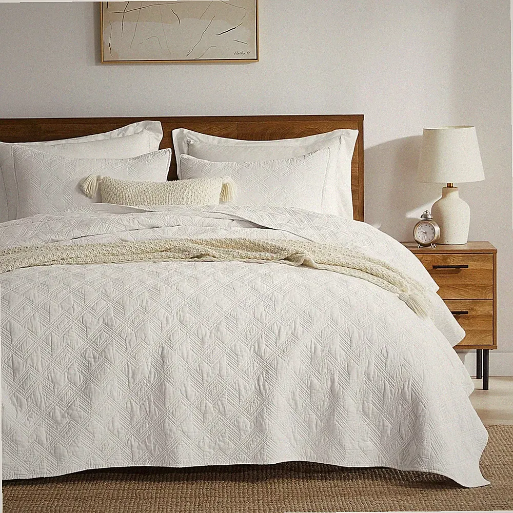 WDCOZY White 100% Cotton Quilt Bedding Sets Twin Size with 1 Pillow Sham, Sha...