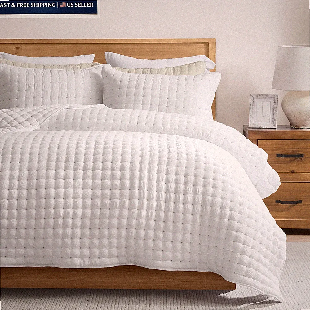 WDCOZY White King Size Quilt Bedding Sets King, (Gold Cross Stitching)