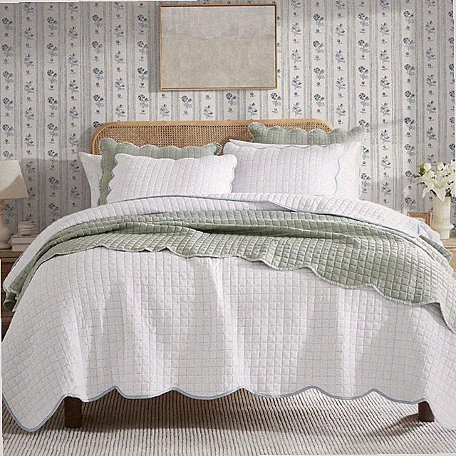 WDCOZY White Queen Quilt Bedding Set, Blue Scalloped Farmhouse Country