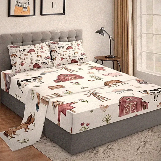 WeCozy Queen Size 4 Pcs Bed Fitted Sheet Set with 14" Deep Pocket, Animal Far...